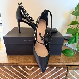 Banana Republic Madison Pumps Women 8 Black Pearl Ankle Strap Side Cutout Heels